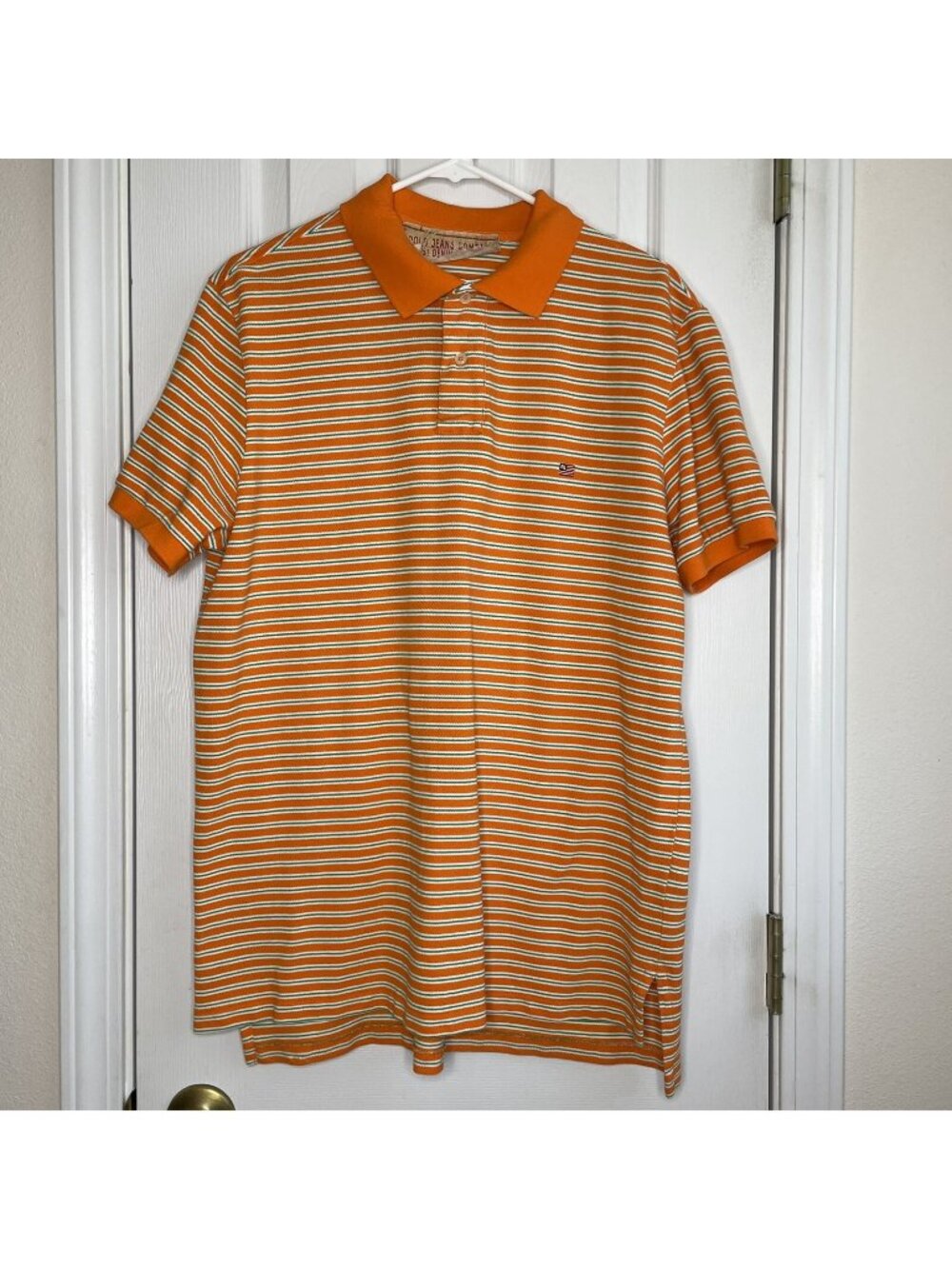 VTG Polo Jeans Company Ralph Lauren Polo Shirt Mens L Orange Striped Preppy Y2K